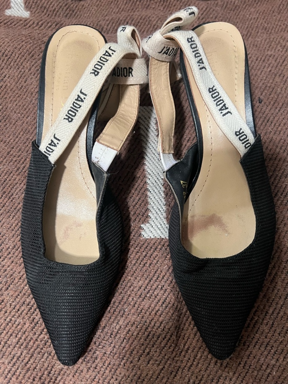 Dior Black Pointed Slingback Mules with White J'Adior Straps